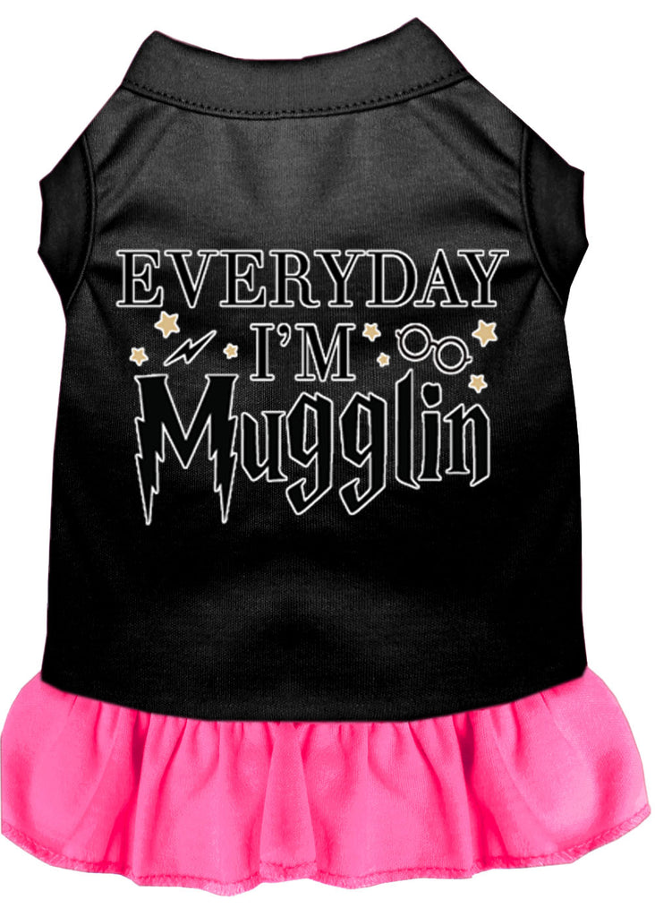 Everyday I'm Mugglin Screen Print Dog Dress Black With Bright Pink Lg (14)