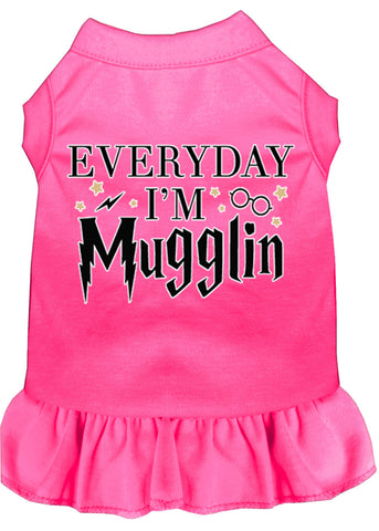 Everyday I'm Mugglin Screen Print Dog Dress Bright Pink Lg (14)