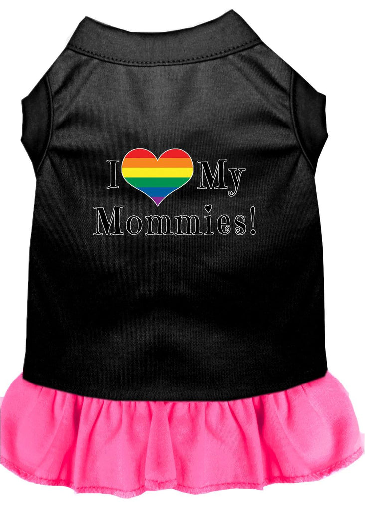 I Heart My Mommies Screen Print Dog Dress Black With Bright Pink Med