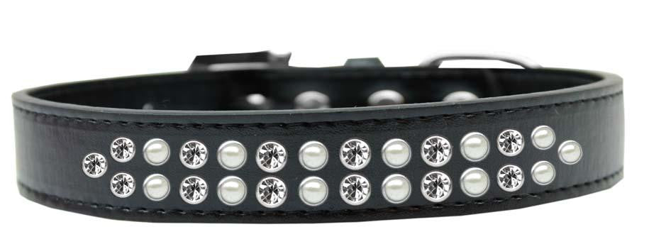 Two Row Pearl and Clear Crystal Size 16 Black Dog Collar