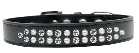 Two Row Pearl and Clear Crystal Size 20 Black Dog Collar