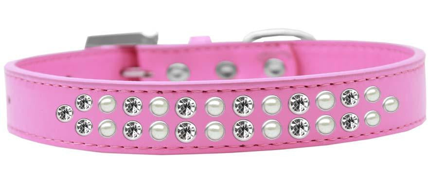 Two Row Pearl and Clear Crystal Size 14 Bright Pink Dog Collar