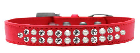 Two Row Pearl and Clear Crystal Size 12 Red Dog Collar