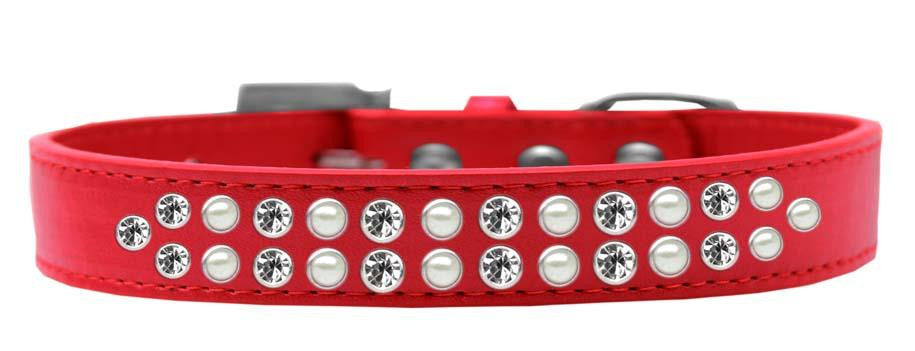 Two Row Pearl and Clear Crystal Size 14 Red Dog Collar