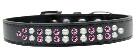 Two Row Pearl and Pink Crystal Size 18 Black Dog Collar