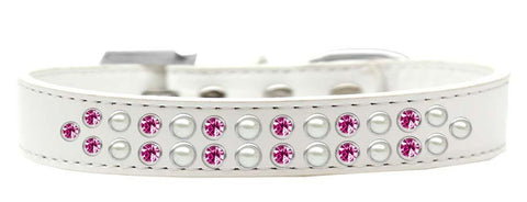 Two Row Pearl and Pink Crystal Size 18 White Dog Collar