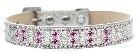 Two Row Pearl and Pink Crystal Size 14 Silver Ice Cream Dog Collar