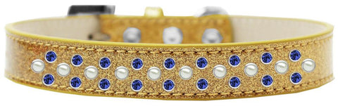 Sprinkles Ice Cream Dog Collar Pearl and Blue Crystals Size 14 Gold