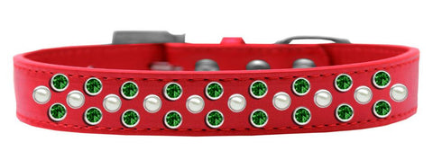 Sprinkles Dog Collar Pearl and Emerald Green Crystals Size 16 Red