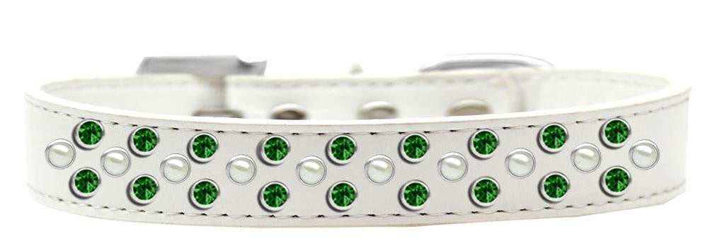 Sprinkles Dog Collar Pearl and Emerald Green Crystals Size 16 White