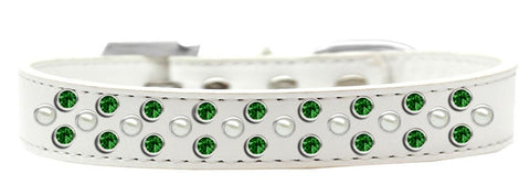 Sprinkles Dog Collar Pearl and Emerald Green Crystals Size 18 White