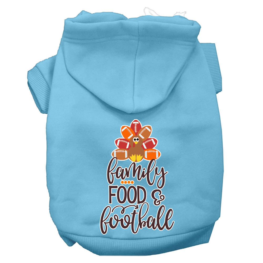 Family, Food, And Football Screen Print Dog Hoodie Baby Blue Xl