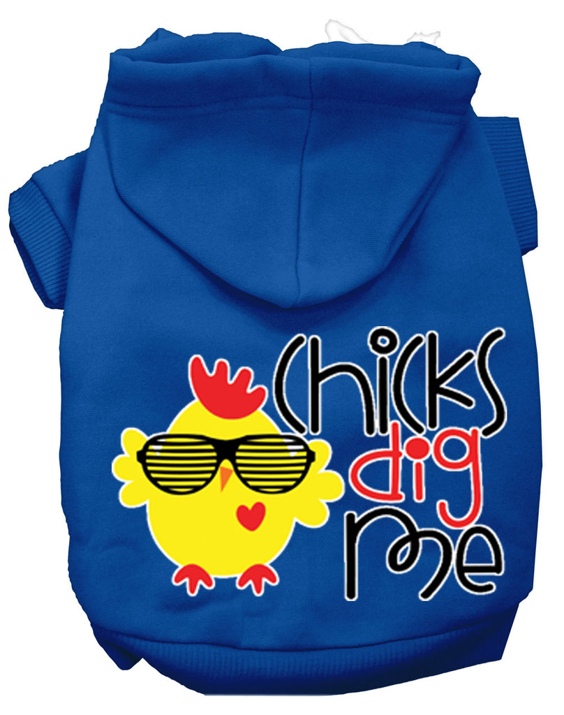 Chicks Dig Me Screen Print Dog Hoodie Blue Xs