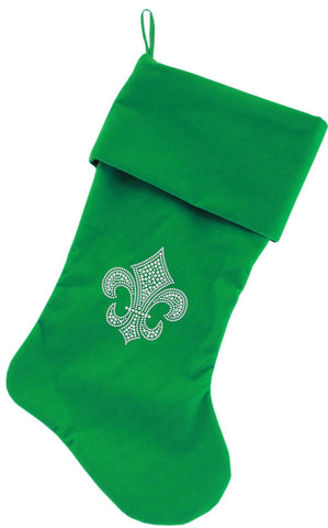 Silver Fleur De Lis Rhinestone 18 inch Velvet Christmas Stocking Green