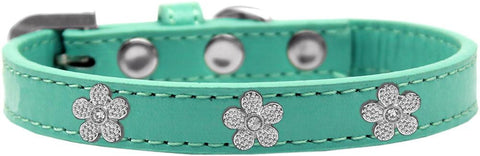 Silver Flower Widget Dog Collar Aqua Size 14