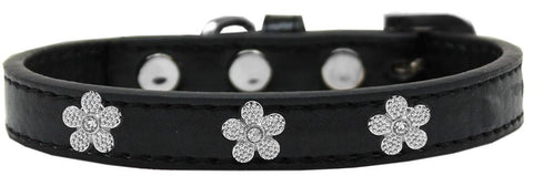 Silver Flower Widget Dog Collar Black Size 10