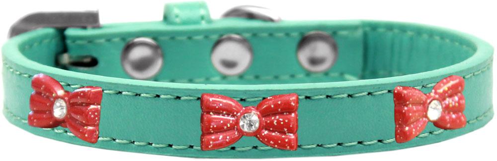 Red Glitter Bow Widget Dog Collar Aqua Size 10