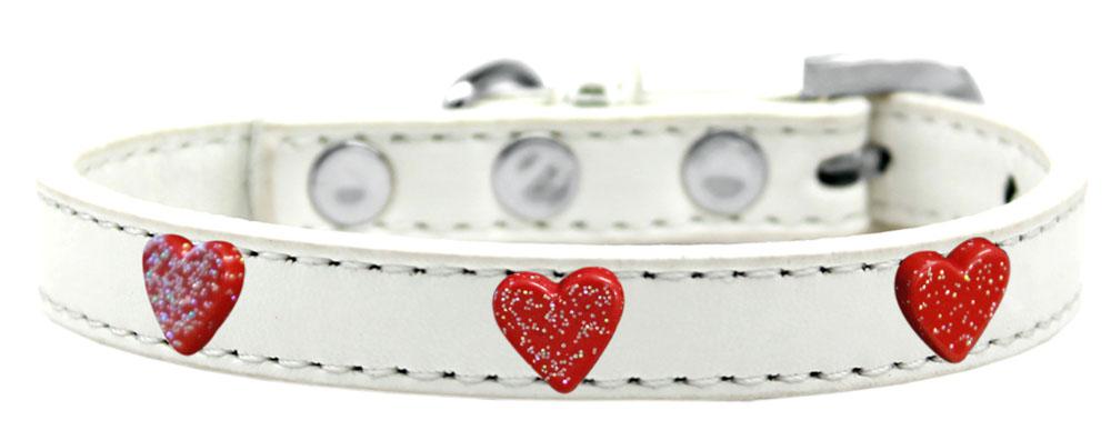 Red Glitter Heart Widget Dog Collar White Size 14