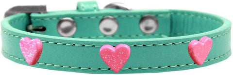 Pink Glitter Heart Widget Dog Collar Aqua Size 16