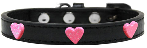 Pink Glitter Heart Widget Dog Collar Black Size 12