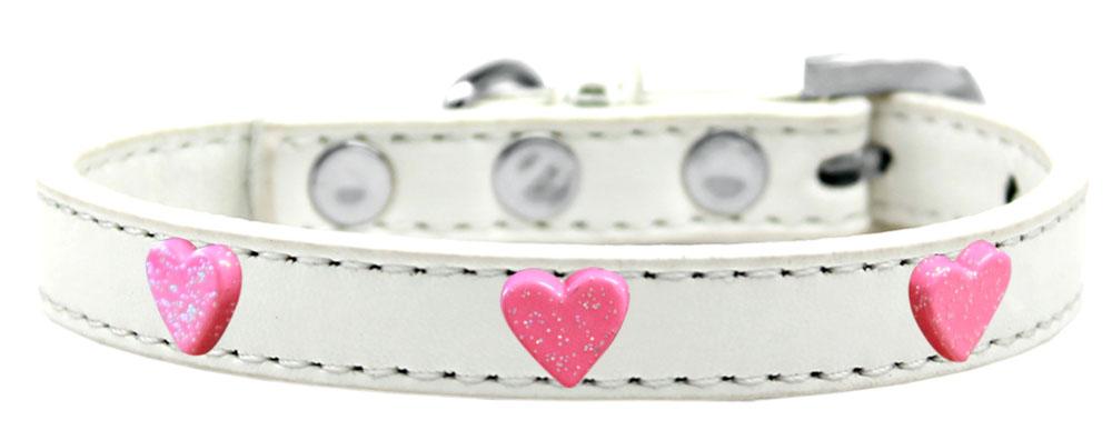 Pink Glitter Heart Widget Dog Collar White Size 12