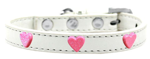 Pink Glitter Heart Widget Dog Collar White Size 14