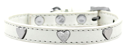 Silver Heart Widget Dog Collar White Size 14