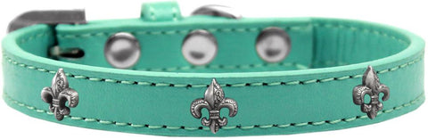 Silver Fleur De Lis Widget Dog Collar Aqua Size 12