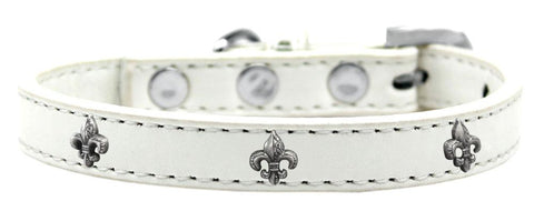 Silver Fleur De Lis Widget Dog Collar White Size 10