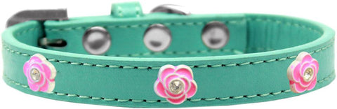 Bright Pink Rose Widget Dog Collar Aqua Size 10