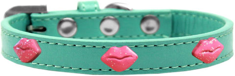 Pink Glitter Lips Widget Dog Collar Aqua Size 10