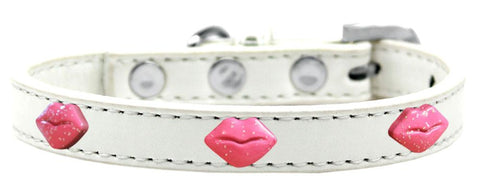 Pink Glitter Lips Widget Dog Collar White Size 10