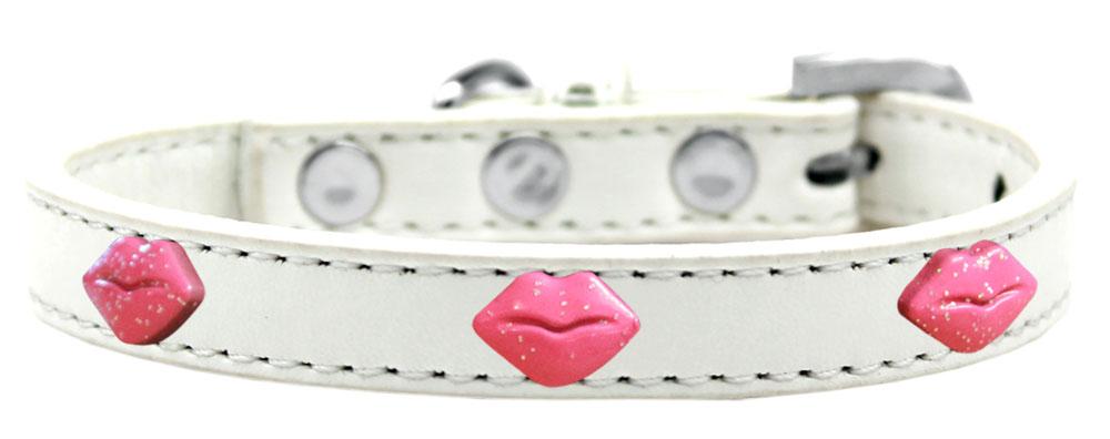 Pink Glitter Lips Widget Dog Collar White Size 14