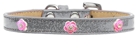 Bright Pink Rose Widget Dog Collar Silver Ice Cream Size 10