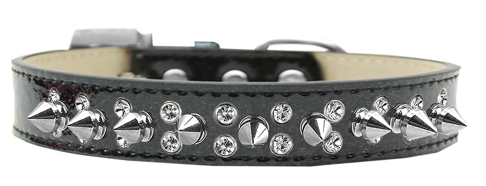 Double Crystal And Silver Spikes Dog Collar Black Ice Cream Size 12