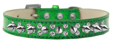 Double Crystal and Silver Spikes Dog Collar Emerald Green Ice Cream Size 14