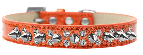 Double Crystal And Silver Spikes Dog Collar Orange Ice Cream Size 14