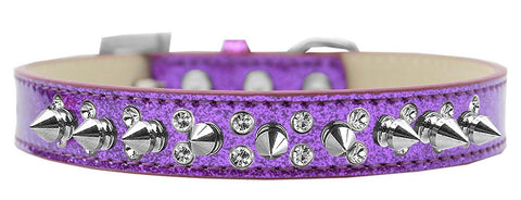 Double Crystal and Silver Spikes Dog Collar Purple Ice Cream Size 20