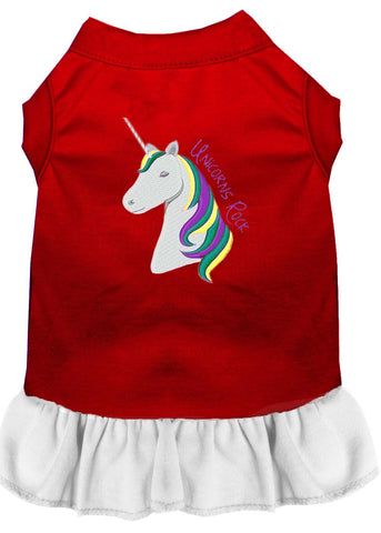 Unicorns Rock Embroidered Dog Dress Red With White Lg (14)