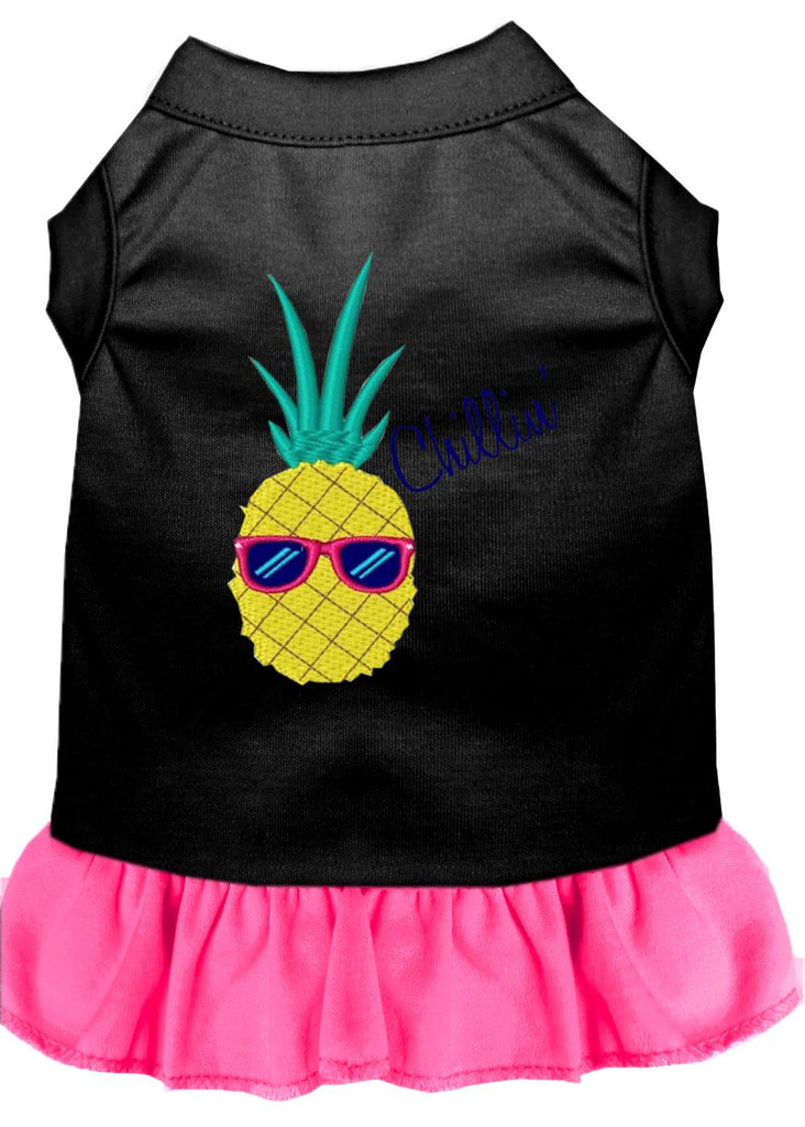 Pineapple Chillin Embroidered Dog Dress Black With Bright Pink Lg (14)