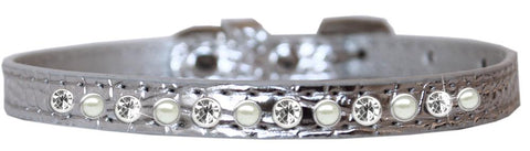 Pearl And Clear Jewel Croc Dog Collar Silver Size 12