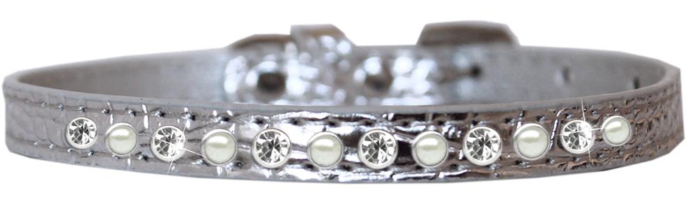 Pearl And Clear Jewel Croc Dog Collar Silver Size 14