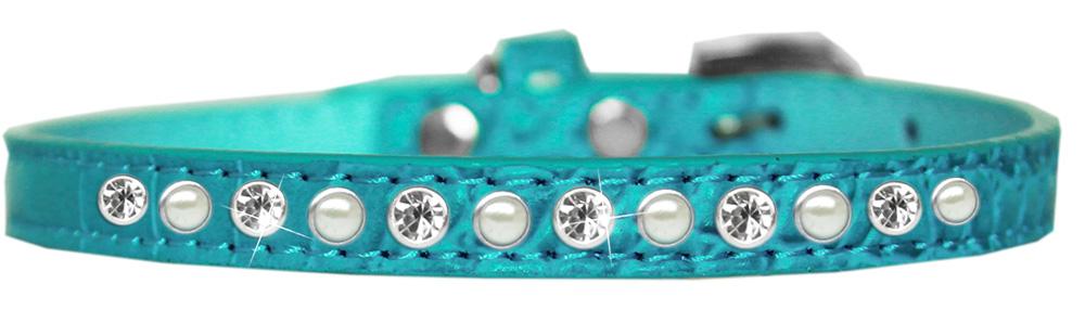 Pearl And Clear Jewel Croc Dog Collar Turquoise Size 10