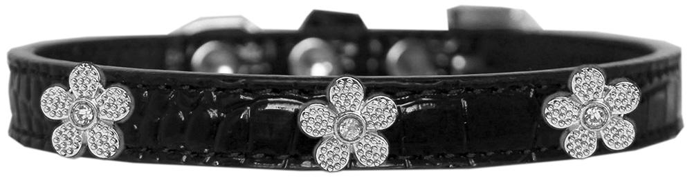 Silver Flower Widget Croc Dog Collar Black Size 10