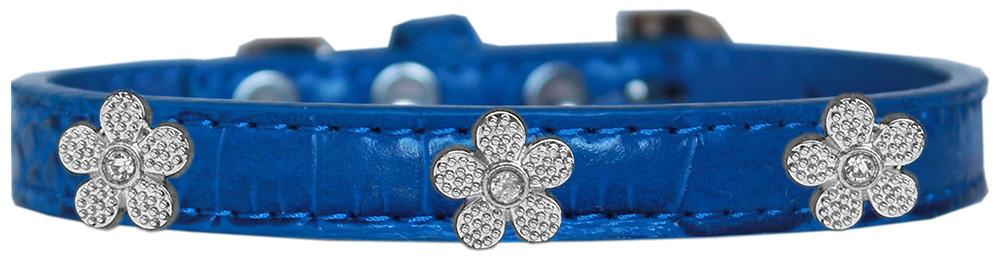 Silver Flower Widget Croc Dog Collar Blue Size 10