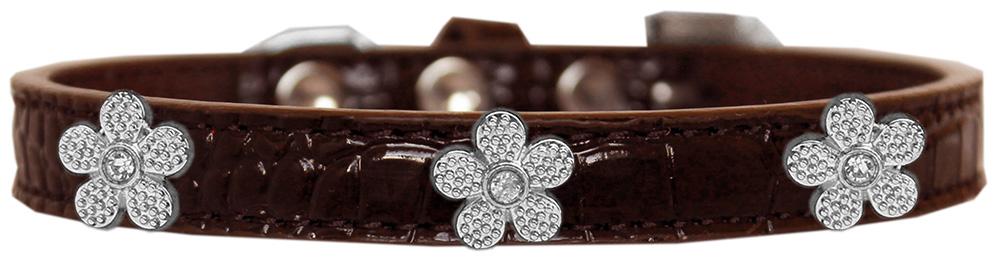 Silver Flower Widget Croc Dog Collar Chocolate Size 10