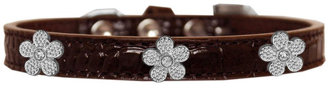 Silver Flower Widget Croc Dog Collar Chocolate Size 14