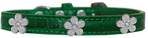 Silver Flower Widget Croc Dog Collar Emerald Green Size 10