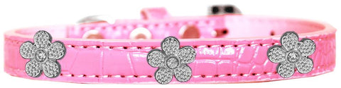 Silver Flower Widget Croc Dog Collar Light Pink Size 10