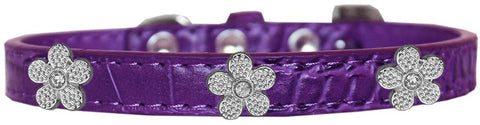 Silver Flower Widget Croc Dog Collar Purple Size 14